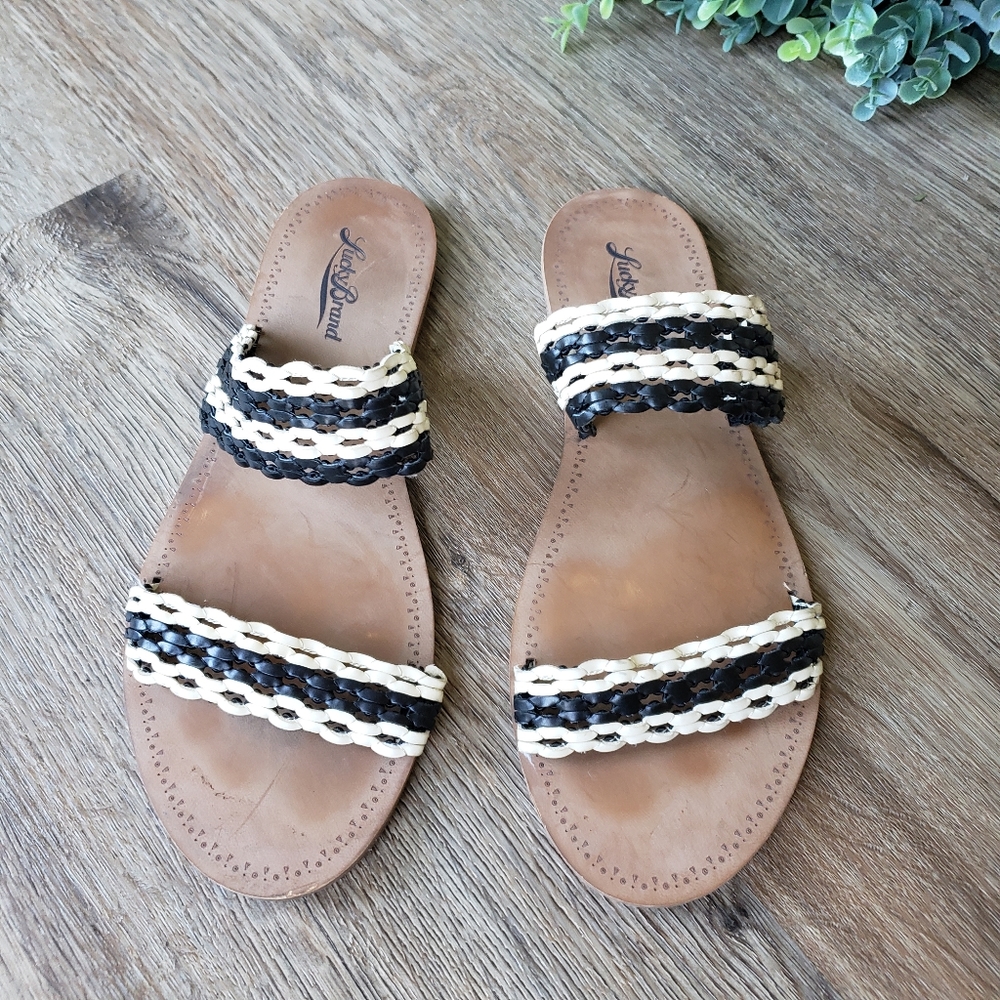 Lucky Brand Alddon Black White Braided Strap Slide Sandals Size 8